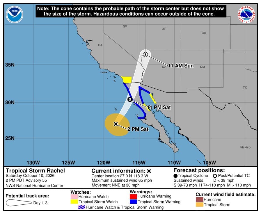 NOAA National Hurricane Center forecast cone for Tropical Storm Rachel, NHC Intermediate Advisory 55A, 5 p.m. PT Saturday, Oct. 10: center near 27.4N 116.7W, about 365 miles south of San Diego, California, winds near 65 mph, moving north-northeast at 30 mph. Tropical storm watches and warnings shown along Baja California and Southern California.