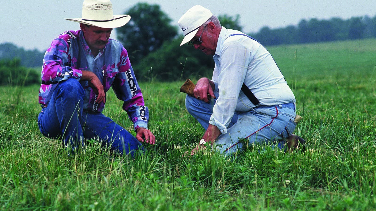 A USDA NRCS grassland specialist and a southwestern Missouri rancher check pasture grass (file photo, illustrative of grassland conservation).