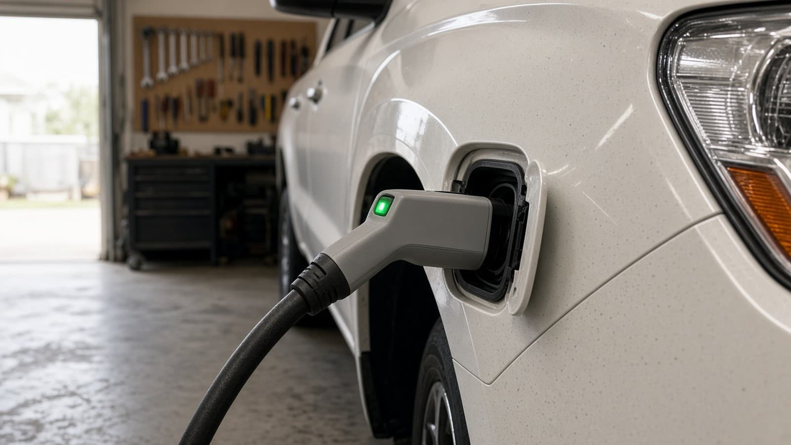 Close-up of a gray charging connector with a green status light plugged into the open charge port on the front fender of a pearl white pickup inside a home garage, with a pegboard of hand tools in the background.