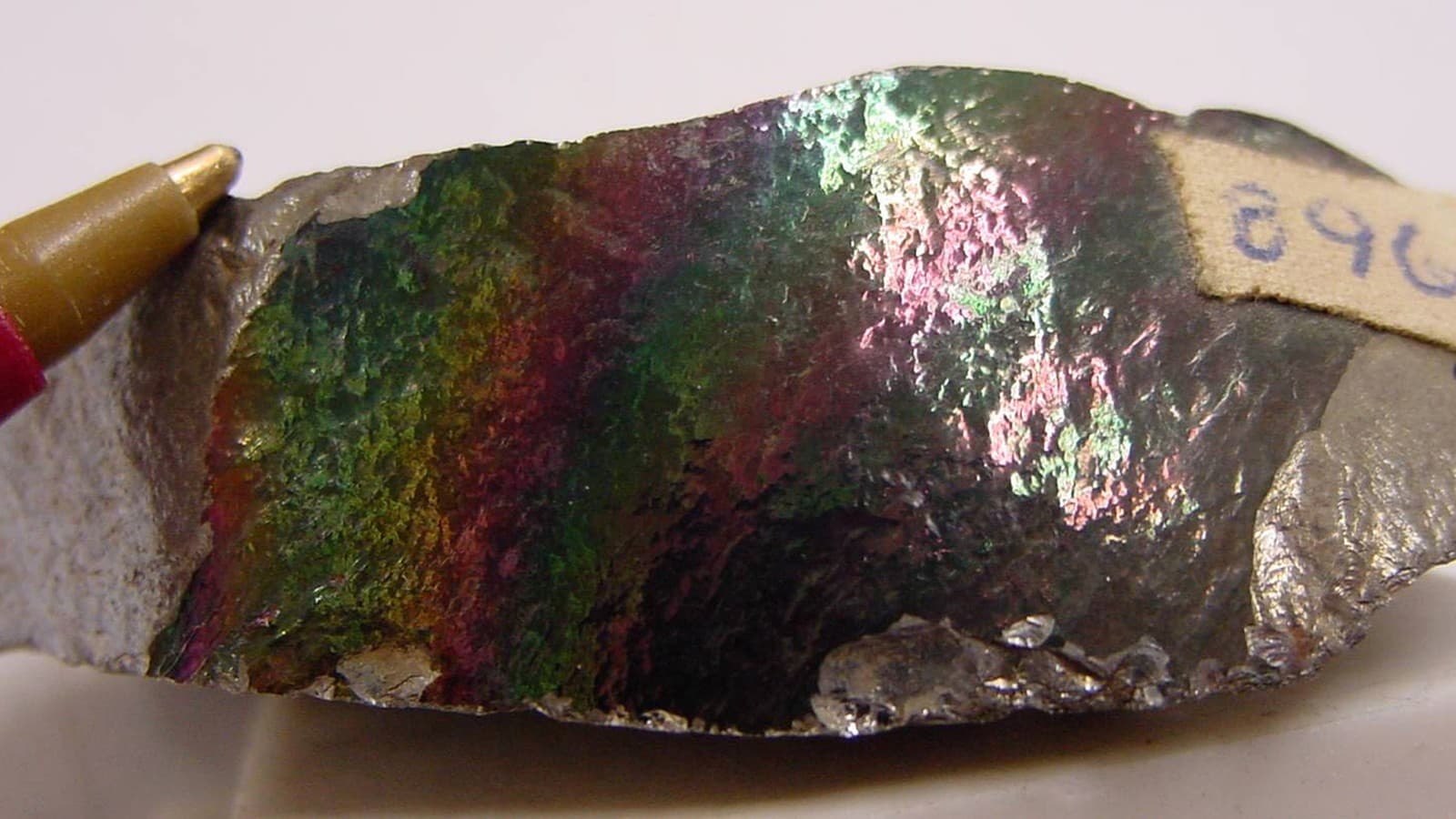 Spiegeleisen, a type of ferromanganese alloy, in a university mineral collection. Photo: Andrew Silver via Wikimedia Commons (Public domain).