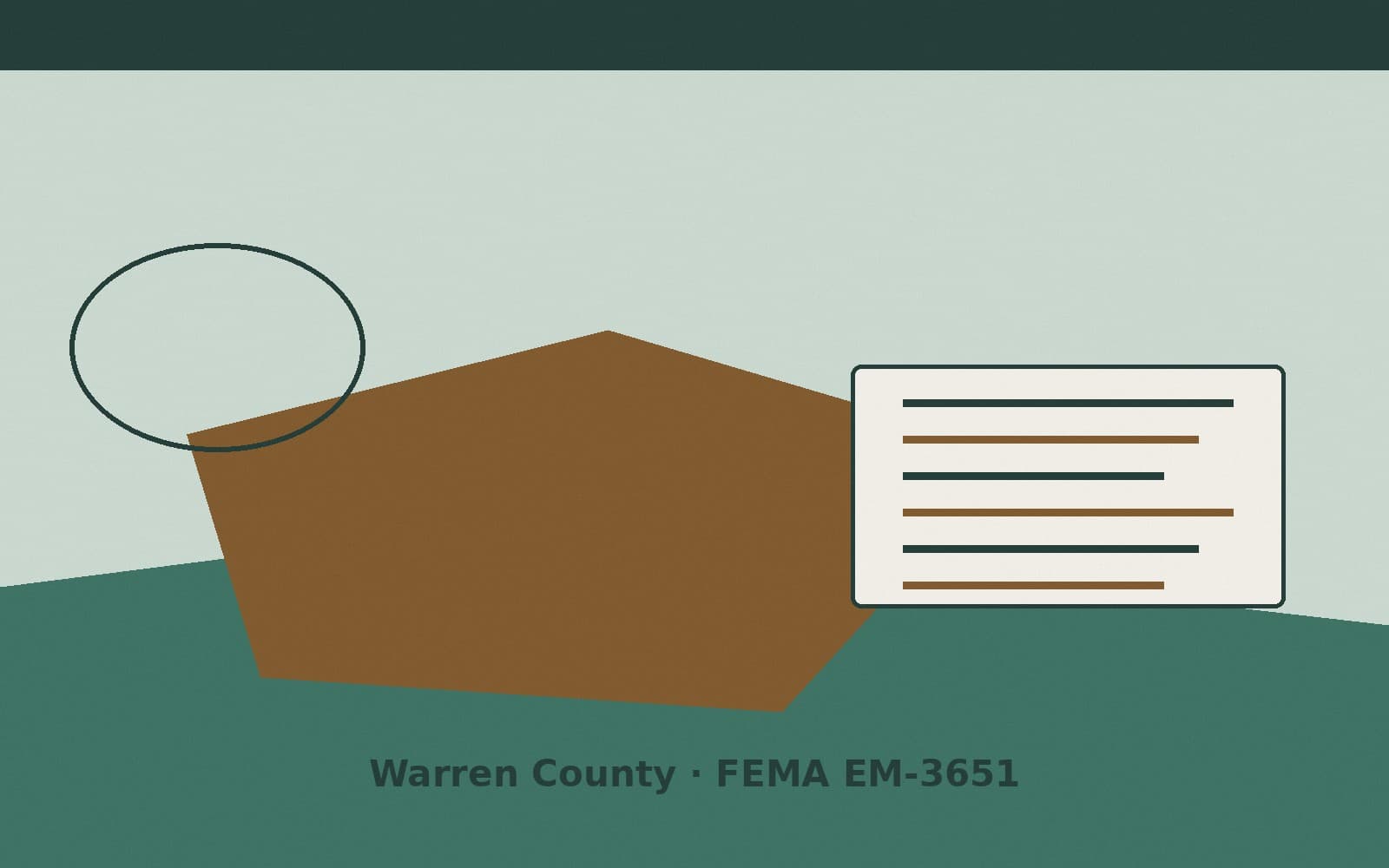 Public notice for Warren County. On August 15, 2026, FEMA recorded a emergency declaration EM-3651-IN that lists Warren County as a designated area. FEMA titled the action "Severe
