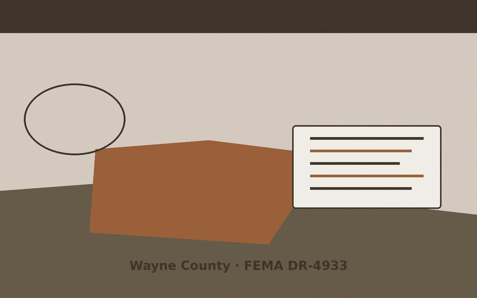 Public notice for Wayne County. On August 25, 2026, FEMA recorded a major disaster declaration DR-4933-IN that lists Wayne County as a designated area. FEMA titled the action "Seve