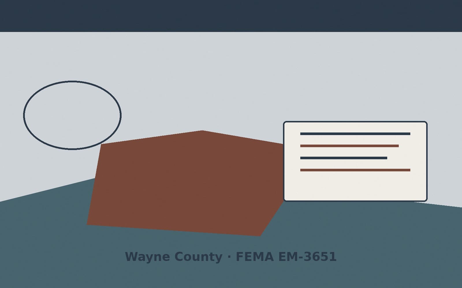Public notice for Wayne County. On August 15, 2026, FEMA recorded a emergency declaration EM-3651-IN that lists Wayne County as a designated area. FEMA titled the action "Severe St