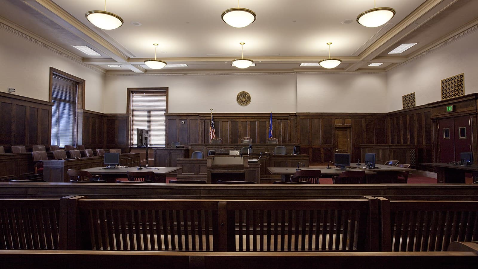 Courtroom inside the Federal Building and U.S. Courthouse, Fargo, N.D. (illustrative; not the sale site). Photo: Carol M. Highsmith, Library of Congress, public domain, via Wikimedia Commons.