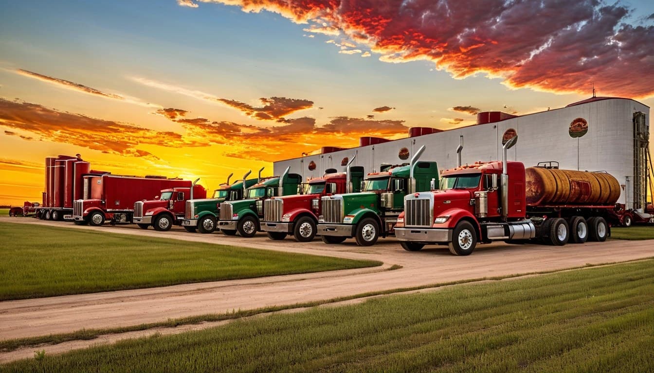 Notice Nearby: painted mural of red and green semi trucks and a fuel tanker lined up beside farm fields at sunset, for the White House diesel relief order, Oct. 2026