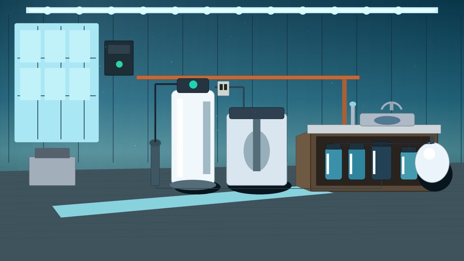 Utility room mural with water softener tank, brine tank, and under-sink RO canister stack (no caption text)